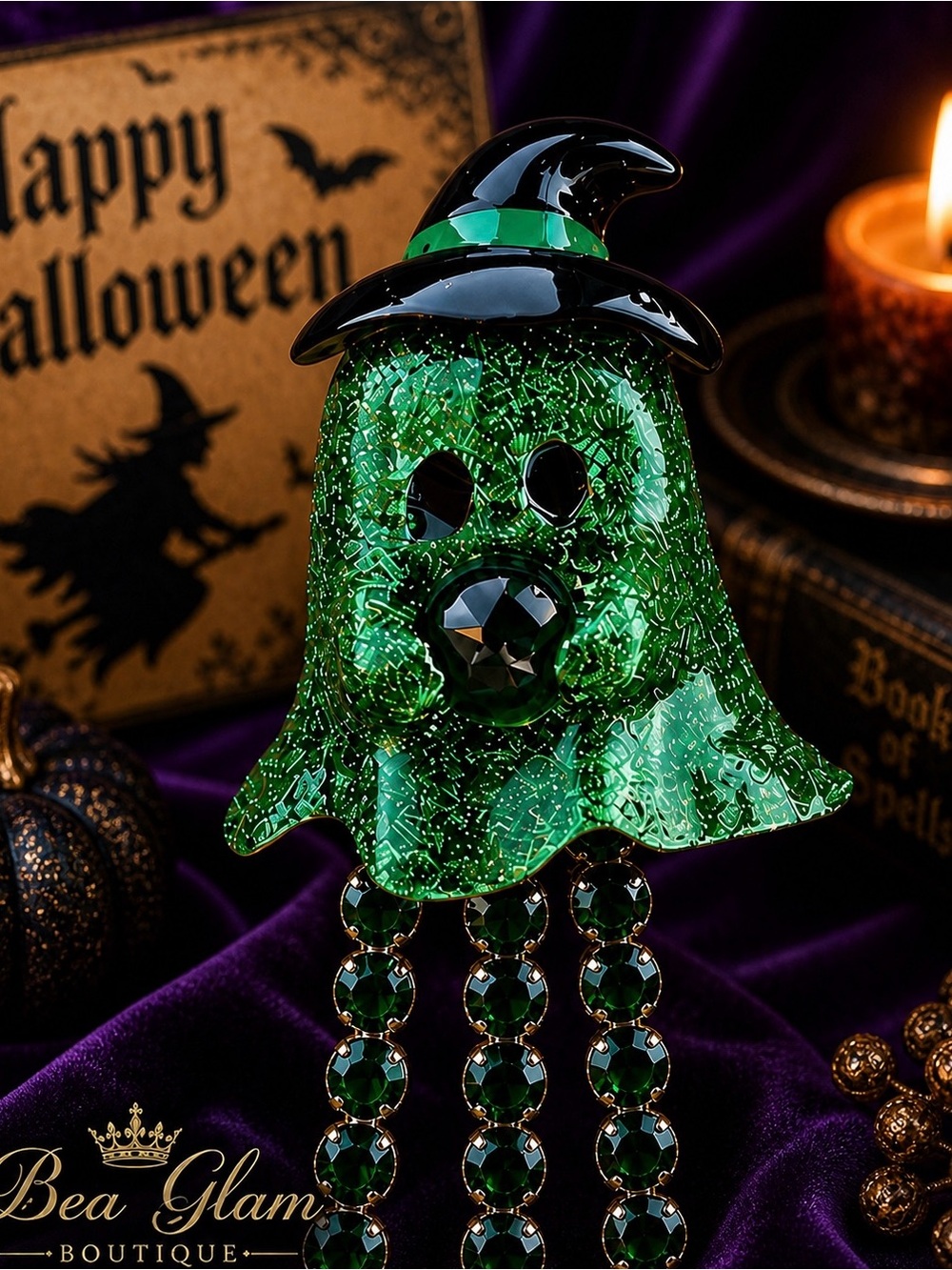 Betsey Johnson Witch Ghost Brooch Green Rhinestone Strand Pin Halloween